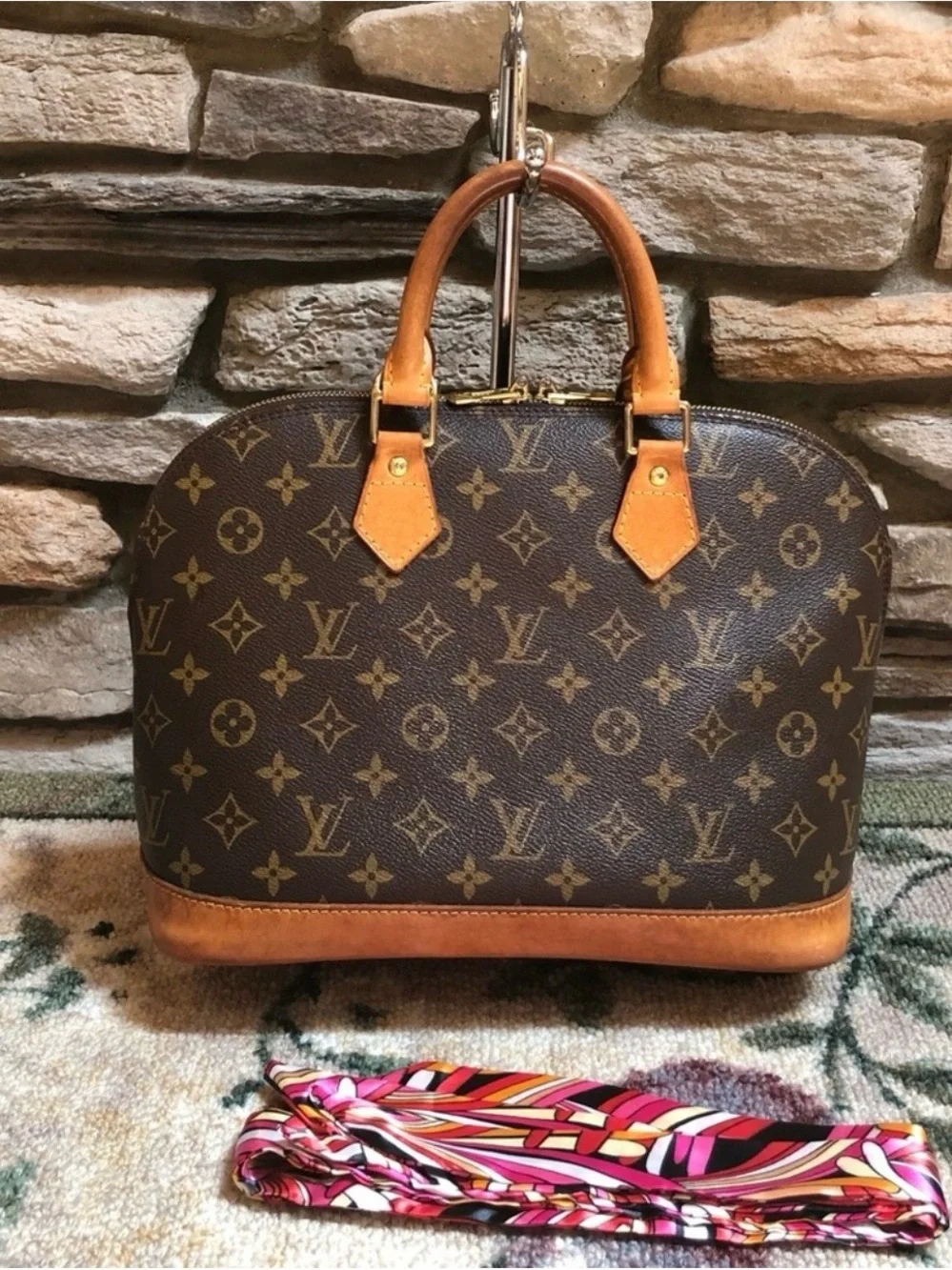 Louis Vuitton Alma PM Monogram Handbag with Pink Scarf